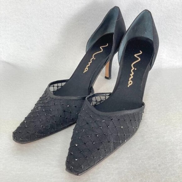 Nina Dressy Rhinestones And Mesh Black Luster Heels Formal Shoes With Bag 9M - Picture 2 of 7